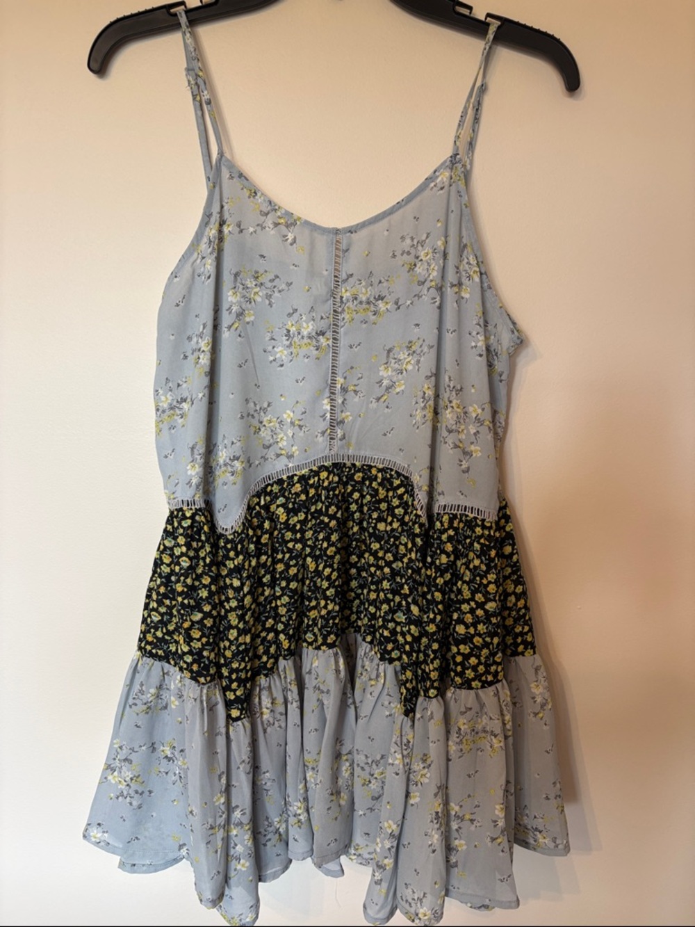 Umgee Light Blue Floral Tiered Spaghetti Strap Tunic with Black Floral Panel